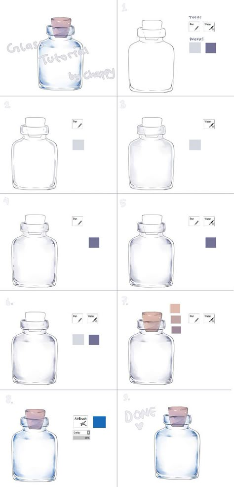 Glass Bottle Shading Drawing, Coloring Glasses Digital, Transparent Glass Drawing, Painting Glass Digital Art, Digital Art Glass Tutorial, Draw Glass Tutorial, How To Color Glass Digital Art, Drink Drawing Tutorial, Glasses Tutorial Digital