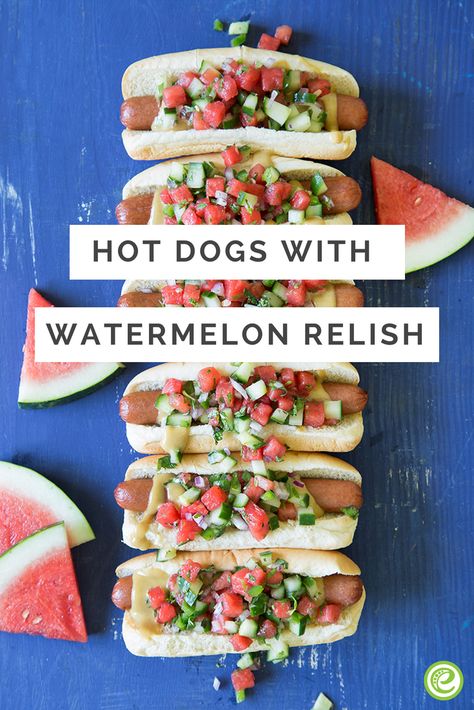 Hot Dogs with Watermelon Relish | eMeals.com Watermelon Relish, Grilled Squash, Summer Salsa, Grilling Hot Dogs, Beverage Ideas, Beef Hot Dogs, Squash Salad, Watermelon Recipes, Smart Cooking