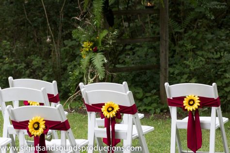 Red and yellow wedding, love the red bow around white chair Red And Yellow Wedding, Sunflower Wedding Decorations, Sunflowers And Roses, Sunflower Themed Wedding, Red Sunflowers, Future Wedding Plans, White Chair, Fall Wedding Colors, Cute Wedding Ideas