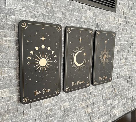 Tarot Wall Art, Engraved Wood Wall Decor, Tarot Card Wall Decor Hanging, Sun Moon Star Lovers Gift Tarot Card Wall Hanging design is engraved on black painted birch plywood. Has a triangle nail hanger on the backside for easy hanging. - Indoor use only.  - Dust with a dry soft cloth. Avoid water or chemicals. 📏DIMENSIONS (each piece) : Height: 313 mm - 12 1/4" Width: 184 mm - 7 1/4" Depth: 9mm - 3/8" Yes, we do custom size and design orders. Send us a message for further information. - This ite Dark Academia Wall Decor Ideas, Dark Boho Wall Art, Tarot Halloween Decor, Tarot Card Decor, Tarot Wall Art, Tarot Decoration, Witchy Bathroom Decor, Card Wall Decor, Tarot Decor