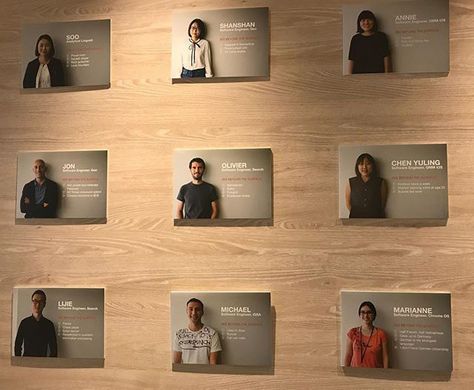 Google Highlights Employees On Big Wall Employee Photo Wall Ideas, Team Wall Ideas, Employee Wall Display, Company Values Ideas, Office Wall Display Ideas, Employee Bulletin Board Ideas Pictures, Meet The Team Wall Display, Team Wall Office, Recognition Wall Workplace