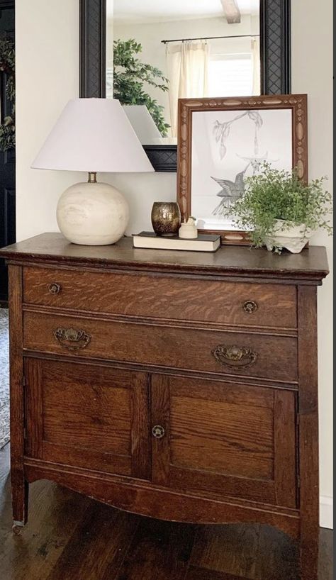 Antique Dresser Living Room Decor, Dresser In Entryway Ideas, Entryway Dresser Decor, Buffet Styling, Earthy Home Decor, Cottagecore Home, Nancy Meyers, Welcome To My House, Traditional Bedroom