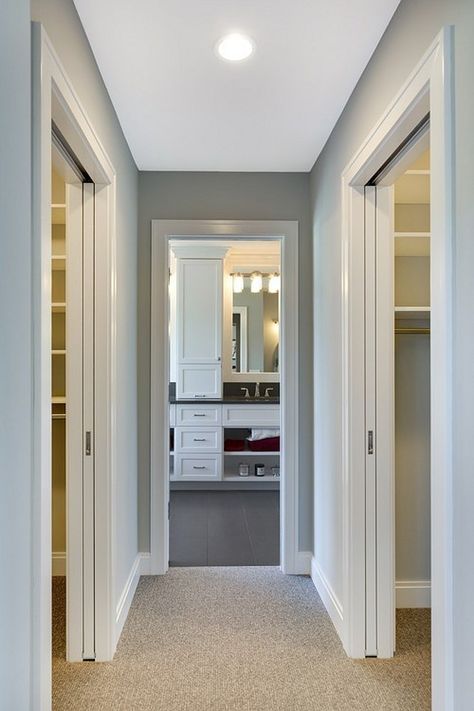 separate his and her closets are located on either side of a hallway, which leads you directly to the master bathroom. Closet To Bathroom, Walk Through Closet, Bathroom And Walk In Closet, Best Kitchen Design, Bedroom Addition, Closet And Bathroom, Closet Layout, Bad Design, Bathroom Layout