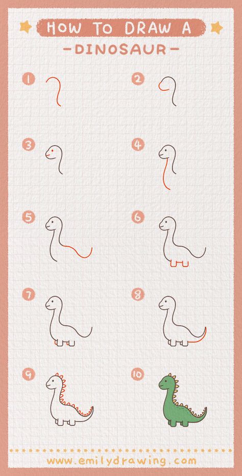 Chibi Dinosaur Drawing, Dinosaur Doodle Easy Step By Step, How To Draw A Cute Dinosaur, Cute Dinosaur Drawing Doodles, Easy To Draw Dinosaur, Draw Dinosaur Easy For Kids, How To Draw A Dinosaur For Kids, How To Draw A Dinosaur Step By Step, How To Draw Dinosaur