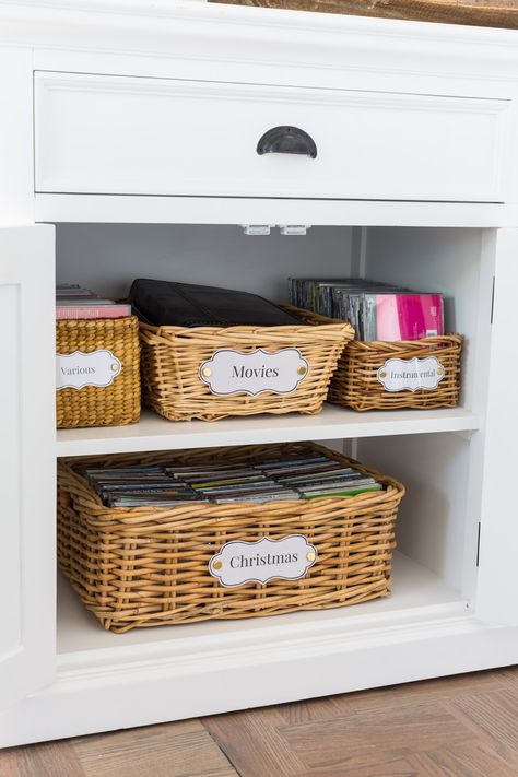 Looking for ways to affordably organize smaller items in your home in cabinets using decorative storage bins, boxes and baskets. Don't settle for style-less plastic bins and boxes when you can tweak handled baskets found for a dime at the thrift shop into really cheap decorative storage baskets to help you organize your home in style... and no DIY skills are needed. #homeorganizing #homestorage #homestoragesolutions #storageorganizers #decoratingwithbaskets #DIYDecor #FreePrintablelabels Basket Storage Ideas, Labels For Organizing, Book Basket, Basket Labels, Decorative Storage Bins, Baskets For Shelves, Thrift Store Decor, Work Office Decor, Decorative Storage Baskets