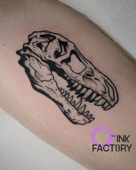 Dino skull done by the one and only @sham_b_tattoo . Drop us a DM or email to get booked in today!! #TheInkFactory #DublinTattoo #Ireland #Dinosaur #DinosaurTattoo #Trex #Jurrassic #DinoSkull #TrexSkullTattoo #BlackandGrey #BlackandGreyTattoo #Inked #Dublin Dinosaur Skull Tattoo Design, Dinosaur Simple Tattoo, Dinosaur Flash Tattoo, Dino Skull Tattoo, Trex Skull Tattoo, T Rex Skull Tattoo, Dinosaur Skull Tattoo, Desi Tattoo, Single Tattoos