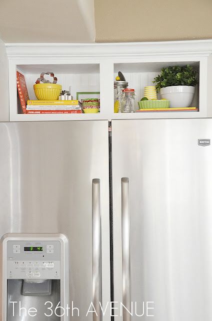 What a fabulous idea for that little cabinet above the fridge that's too high to really conveniently store any thing!  Love it! Kitchen Accent Cabinet, Above Refrigerator, Over The Fridge, Above Fridge, Above The Fridge, Fridge Cabinet, Open Cabinets, Cabinet Ideas, Kitchen Accents