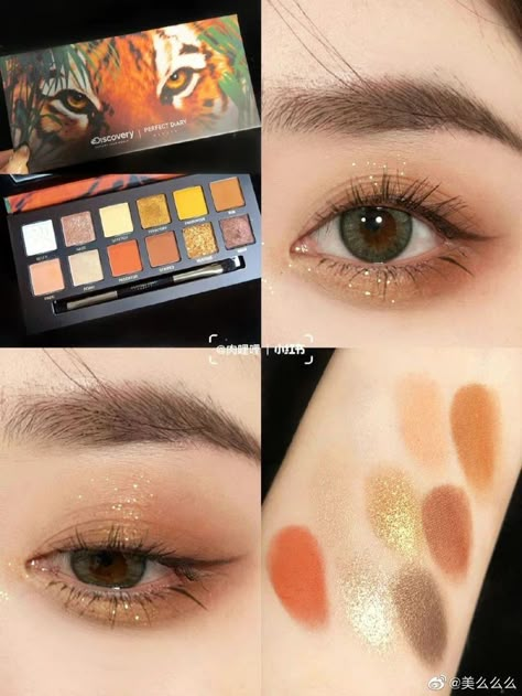 Makeup Lebaran, Kpop Makeup Tutorial, Orange Eye Makeup, Orange Eyeshadow, Yellow Makeup, Korean Eye, Orange Makeup, Anime Makeup, Cute Eye Makeup