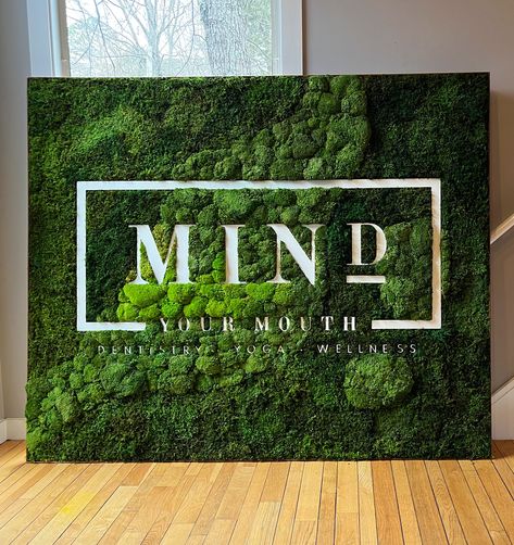 Moss Wall Backdrop, Accent Wall With Business Logo, Moss Wall With Logo, Moss Accent Wall, Logo On Wall Ideas, Moss Interior Design, Moss Logo Design, Green Wall With Logo, Moss Green Aesthetic