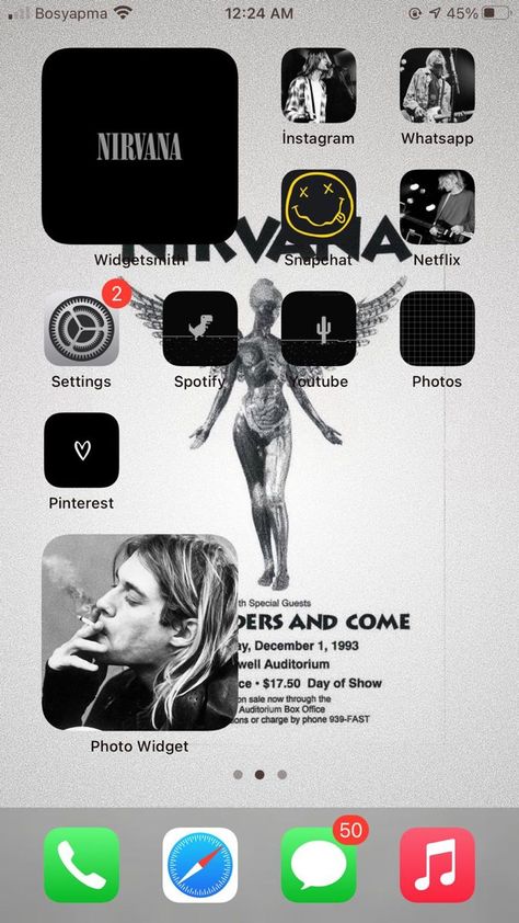 Nirvana Homescreen, Rock Homescreen, Nirvana Widget, Ios14 Homescreen, New Wallpaper Iphone, Aesthetic Goth, Iphone App Layout, App Layout, Iphone Homescreen Wallpaper