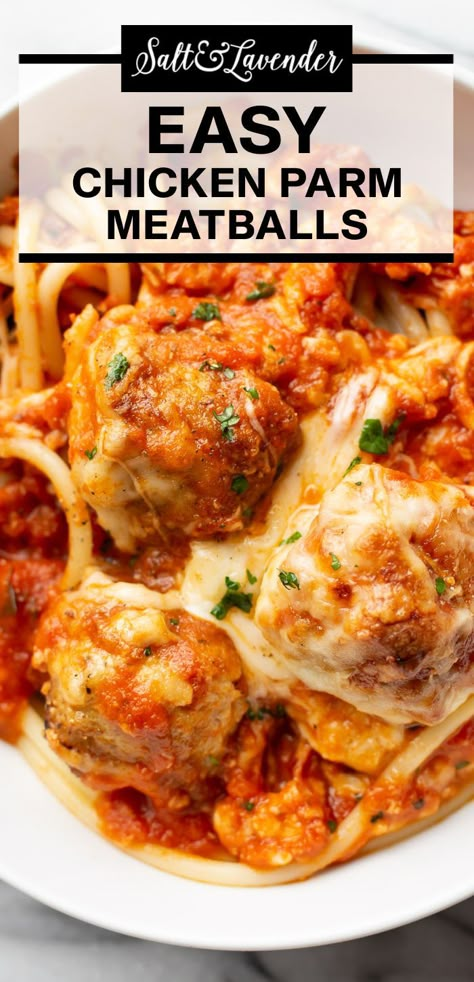 a plate of spaghetti and meatballs with text overlay that reads easy chicken parm meatballs Easy Baked Spaghetti Recipe, Chicken Parmesean, Chicken Parm Meatballs, Ground Chicken Meatballs, Baked Meatball Recipe, Chicken Parmesan Meatballs, Meatball Dinner, Parmesan Meatballs, Chicken Meatball Recipes