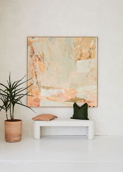 Inside Artist Ashleigh Holmes' Wabi-Sabi Apartment on Sydney's Northern Beaches – Bed Threads Ash Holmes, Artful Ashes, Abstract Oil Painting On Canvas, Paintings For Living Room, New Apartment, Powerful Art, Green Tile, Abstract Oil Painting, Handmade Oil