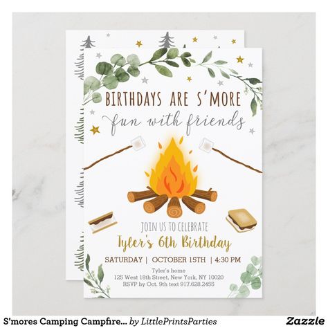 S'mores Camping Campfire Bonfire Birthday Invitation Bonfire Birthday, 18th Birthday Invitations, Smores Party, Campfire Party, Camping Baby, Camping With A Baby, Camping Birthday Party, Pumpkin Birthday, Fun Invitations