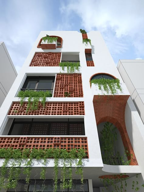 Jali Facade Design, 3 Storey House Design, Statue Design, Narrow House Designs, Home Designs Exterior, Leggings And Sneakers, House Outer Design, Facade Architecture Design, Residential Building Design