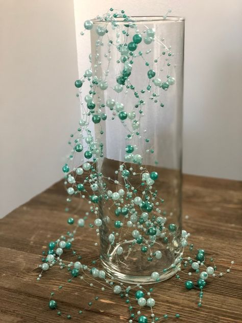 Masquerade Party Centerpieces, Teal Centerpieces, Beach Centerpiece, Crystal Wedding Decor, Turquoise Party, Candle Wreath, Pearl Garland, Aquarium Wedding, Teal Decor