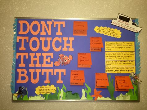 RA bulletin board on consent! Finding Nemo themed! Ra Consent Bulletin Boards, Finding Nemo Door Decs, Consent Bulletin Board Ra, Finding Nemo Bulletin Board, Residence Life Bulletin Boards, Res Life Door Decs, Finding Nemo Theme, Res Life Bulletin Boards, Resident Assistant Bulletin Boards