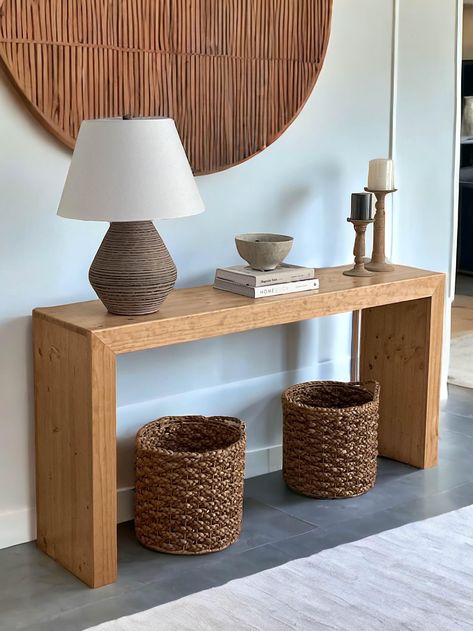 Our economy console table is framed with solid wood, stained and then finished with a sealing urethane. The entire look, same great Eleven Southend quality and now at a more wallet friendly price! - Standard Lengths 48"- 72" - Depth - 13.5" - Height - 30" - Solid framed wood construction - Each piece sealed from moisture - 4 colors to choose from - Assembly required. Tools included.  SHIPPING - PLEASE READ Free shipping is only eligible to the lower 48 states and DOES NOT include Alaska and Hawa Waterfall Console Table, Entryway Sofa, Waterfall Console, Table For Entryway, Sofa Table Design, Apartment Entryway, Console Table Design, Console Table Decorating, Open Plan Kitchen Living Room