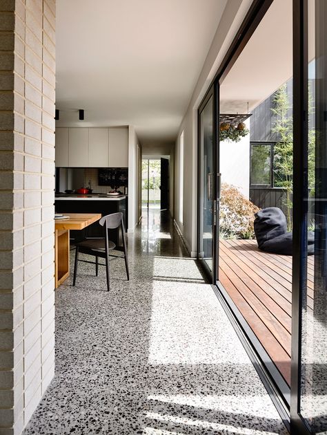 Terrazzo Flooring Bedroom, Dark Terrazzo Floor, Terrazo Flooring, Blue Ceiling, Concrete Terrazzo, Terrazzo Floors, Terrazzo Tiles, Granite Flooring, Terrazzo Flooring