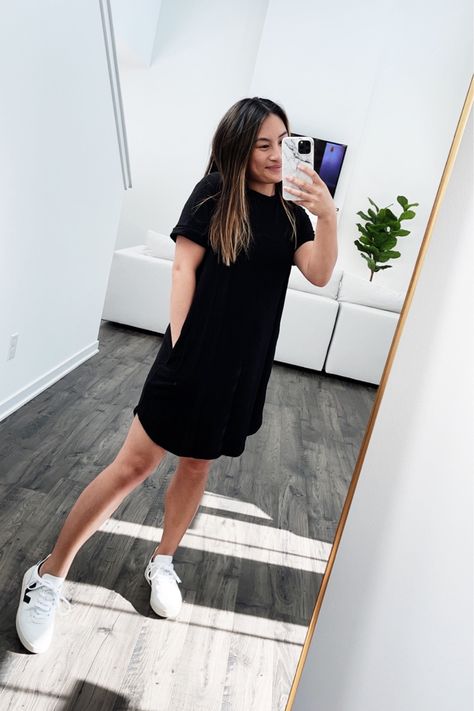 Black Dress And Tennis Shoes Outfits, T Shirt Dress With Sneakers, Black Dress White Sneakers, Cheap Black T-shirt Dress For Spring, Dress With Sneakers Outfit, Cheap Black T-shirt Dress For Summer, Casual Black Short Sleeve T-shirt Dress, Dresses With Tennis Shoes, Oversized Black Crew Neck T-shirt Dress