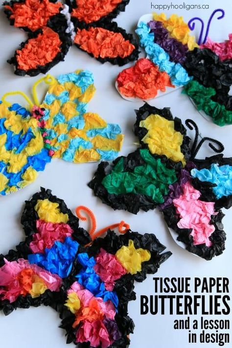 Kids will love making butterflies with this classic tissue paper art process!  What a fun way for toddlers, preschoolers AND big kids to get arty in Springtime! - Happy Hooligans  via @https://www.pinterest.com/happyhooligans/ Tissue Paper Butterflies, Tissue Paper Butterfly, Butterfly Craft For Kids, Paper Butterfly Crafts, Tissue Paper Craft, Tissue Paper Art, Happy Hooligans, Tissue Paper Crafts, Butterfly Craft