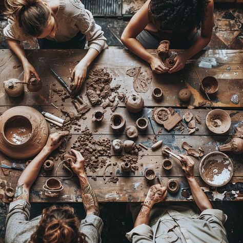 Creative Clay Crafting: Artists engrossed in pottery making, hands shaping clay with focus at a rustic workshop. #pottery #creativity #art #workshop #clay #hands #crafting #artists #aiart #aiphoto #stockcake https://ayr.app/l/vp24 Pottery Photoshoot, Workshop Pottery, Rustic Workshop, Pottery Aesthetic, Clay Hands, Clay Workshop, Creativity Art, Pottery Workshop, Ceramic Workshop