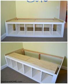 Twin Platform Bed With Storage, Diy Bed Frame With Storage, Ikea Bed Hack, Storage For Toys, Twin Storage Bed, Diy Storage Bed, Murphy Bed Ikea, Diy Platform Bed, Ikea Shelves