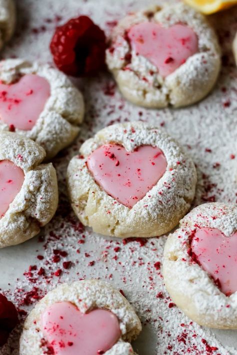 Pink Lemonade Thumbprint Cookies, Valentine's Cookies Recipe, Valentine’s Baking, Valentines Baking Recipes, Pink Cookies Recipe, Valentine’s Cookies, Valentines Day Cookies Recipes, Cute Valentines Desserts, Aesthetic Dessert Recipes