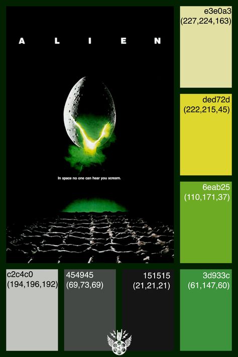 The Colors of Ridley Scott's Alien #colorpalette #nothingtofear #alien #ridleyscott #colorinspiration #colorschemes #paintcolors #colorcombos #colordesign #horrorpalette #alienpalette #horrorhaus Radioactive Color Palette, Alien Colour Palette, Sci Fi Color Palette, Alien Color Palette, Color Palette Sci Fi, Cyberspace Color Palette, Scifi Color Pallete, Futuristic Pallete Color, Movie Color Palette