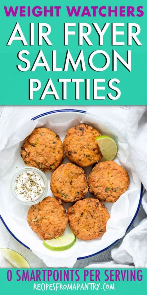 Air Fryer Salmon Patties are a quick and easy healthy meal that is packed with flavour. The Air Fryer makes them nice and crispy on the outside, yet keeping them tender and moist inside. Click through to get this awesome recipe!! #airfryer #airfryerrecipes #airfryersalmonpatties #airfriedsalmonpatties #salmonrecipes #salmonpatties #easyseafoodrecipes #lowcarbrecipes #wwrecipes #wwrecipes #zeropoints #weightwatchers  #weightwatchersrecipes Air Fryer Salmon Patties, Weight Watchers Air Fryer, Keto Whole 30, Air Fryer Recipes Chips, Air Fryer Recipes Meat, Air Fryer Recipes Vegetables, Air Fryer Recipes Low Carb, Air Fryer Recipes Breakfast, Easy Healthy Meal