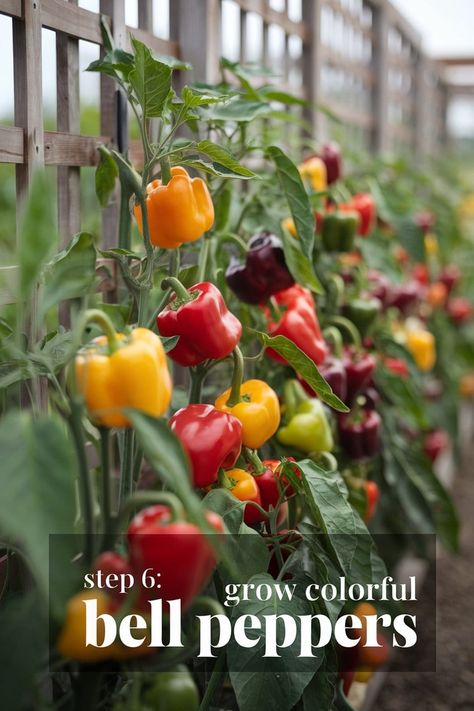 Add Color with Homegrown Bell Peppers Growing Red Bell Peppers, Bell Pepper Trellis, Bell Peppers Growing, Bell Pepper Growing, Pepper Growing, Pepper Garden, Bell Pepper Plant, Best Vegetables To Grow, Growing Bell Peppers