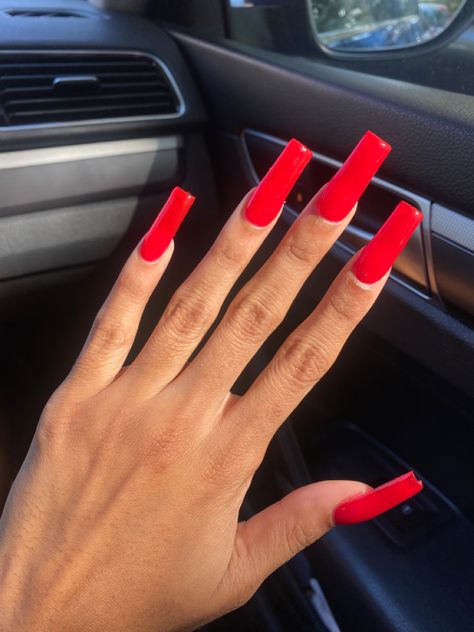 Red tapered square acrylic long length nails red polish tips shiny red bright red Red Acrylic Nails Long Square, Full Red Acrylic Nails, Red Tapered Square Nails Medium, Long Tapered Square Nails Red, Hot Red Acrylic Nails, Bright Red Matte Nails, Red Acrylic Nails Tapered Square, Red Long Square Acrylic Nails, All Red Acrylic Nails