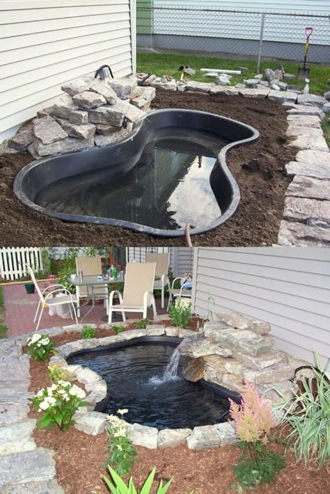 12 best DIY pond ideas & tutorials, from easy kits for small garden & patio water feature to beautiful backyard waterfall with plants & fish! - A Piece of Rainbow, outdoor projects, fountain, landscaping, gardening, curb appeal, landscape design, summer, koi ponds, Diy Pond Ideas, Small Garden Patio, Patio Water Feature, Small Backyard Ponds, Diy Ponds Backyard, Backyard Waterfall, Taman Air, Backyard Ponds, Outdoor Ponds