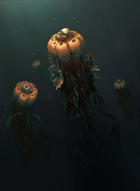 #artstation  - Halloween jellyfish, Andrew Pokhalchuk  #horror #pumpkin #halloween #skull #illustration Scary Jellyfish, Creepy Jellyfish, Jellyfish Monster, Halloween Jellyfish, Jellyfish Halloween, Jellyfish Images, Horror Pumpkin, Scary Photos, Rpg World