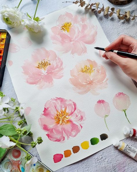 Paint Peonies, Watercolor Challenge, Watercolour Challenge, Easy Flower Painting, Learn Watercolor Painting, Japanese Watercolor, Soft Watercolor, Learn Watercolor, Watercolor Peonies