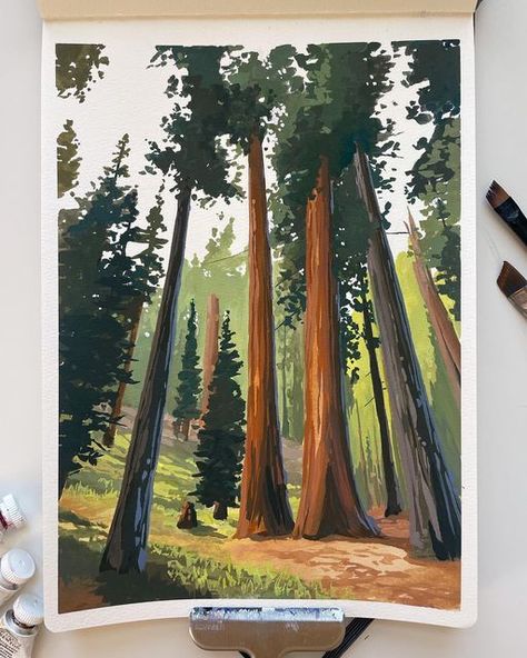 Fall Gouache Painting, Sequoia Painting, Closet Mural, 2023 Sequoia, Gouache Practice, National Park Watercolor, Nature Inspired Painting, Painting Gouache, Pen Art Drawings