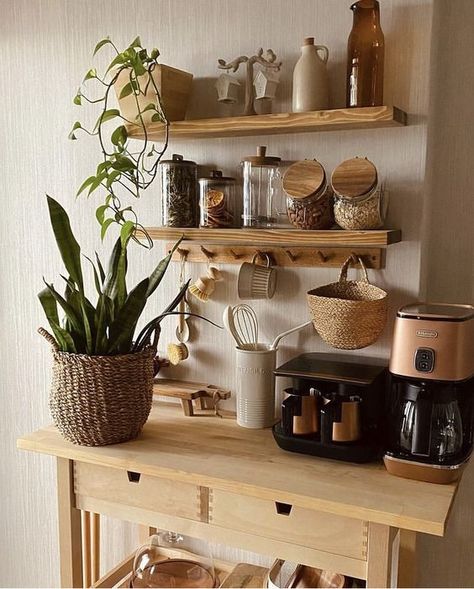 23 Cute Coffee Bar Styling Ideas (For Your Home) - She Be Thriving Moody Laundry Room, Bar Styling Ideas, How To Decorate Kitchen Shelves, Cute Coffee Bar, Coffee Bar Styling, Vintage Eclectic Home, Coin Café, Clutter Free Kitchen, Coffee Bar Station