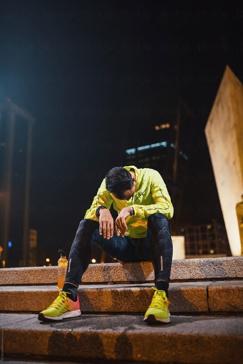 Exhausted Sportsman Having A Break During Night Workout In The C | Stocksy United Sports Wear Photoshoot, Reflective Sportswear, Slow Jogging, City Running, Fast Walking, Night Workout, Running Photography, Sport Photoshoot, Winter Running