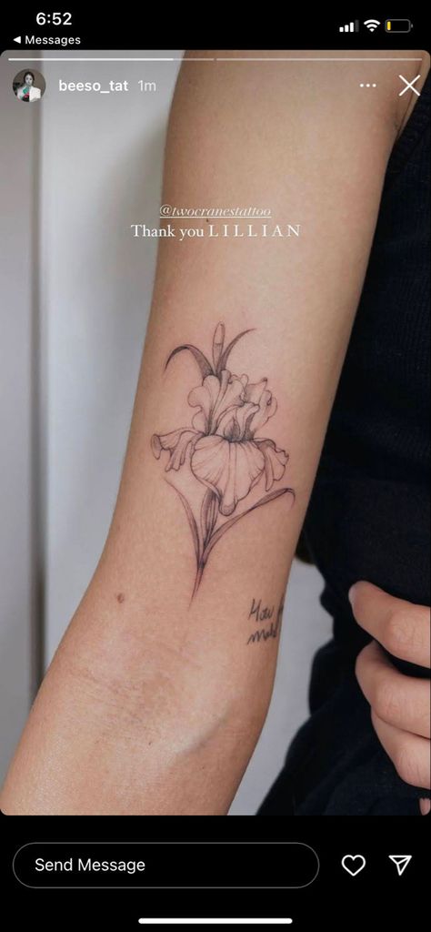 Iris by beeso_tat Wild Iris Tattoo, Iris Moon Tattoo, Iris Tattoo Fine Line, Iris Flower Fine Line Tattoo, Iris Arm Tattoo, Tattoo Ideas Iris Flower, Fine Line Iris Tattoo, Black And White Iris Tattoo, Iris Flower Tattoo