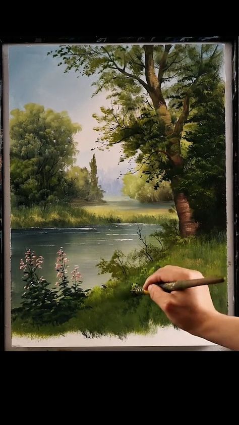 Water Scenery Paintings, Canvas Painting Ideas Landscape, Acrylic Landscape Tutorial, Scenery Painting Acrylic, Oil Painting Scenery, Acrylic Art Paintings, Canvas Art Painting Abstract, Wal Art, Landscape Painting Tutorial