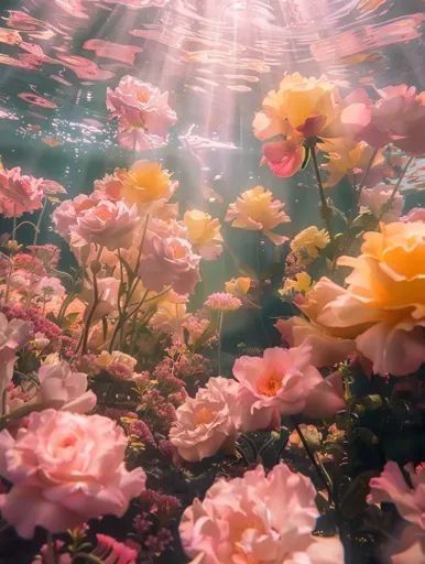 ↑↑↑ Larger size on website 🔸 A vibrant underwater garden, with delicate pink and yellow roses blooming in the sunlit water. The l 🔸 From Midjourney AI Image Flower In Water, Underwater Garden, Underwater Flowers, Wet Flowers, Light Filters, Silhouette Painting, Wonders Of Nature, Shimmer Lights, Aesthetic Collage