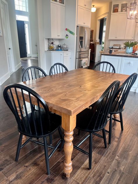 5' L x 36" W Rustic Dining Table with 6 Cottage Dining Chairs Stain - Early American Pine Table And Black Chairs, Black Farmhouse Kitchen Table, Brown Table Black Chairs, Farmhouse Table With Black Chairs, Wood Table With Black Chairs, Natural Wood Kitchen Table, Dining Table Black Chairs, Wood Table Black Chairs, Refurbished Dining Table