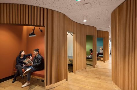 Dome profile battens line the walls of the Sony Foundation You Can Centre, creating linear textures with a difference on this amazing project. Timber Feature Wall, Streetscape Design, Timber Battens, Community Centre, Community Health, Health Clinic, Cellar Door, Curved Walls, Primary Care