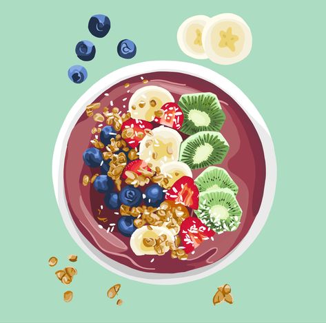 Acai Bowl Painting, Acai Bowl Drawing, Smoothie Bowl Drawing, Smoothie Bowl Illustration, Acai Bowl Illustration, Healthy Food Illustration Art, Food Illustration Art Graphics, Illustration Art Food, Snacks Illustration