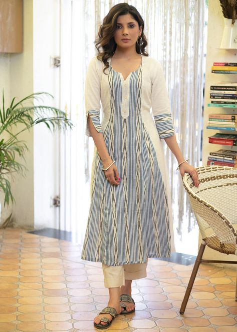 Kurti Designs Latest Fashion With Pant, Patchwork Kurti Designs, Latest Trendy Kurtis Design, Ikat Dress Kurti, A Line Kurti Designs Latest Cotton, Ikat Kurti Designs, Strips Kurti Design, Stripes Kurti Designs Latest, Latest Cotton Kurti Designs