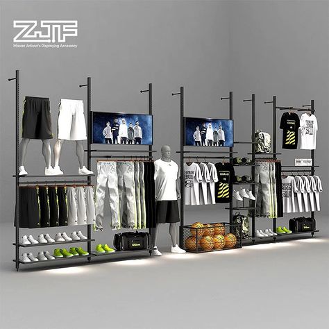 Sports clothes shoes store fixtures,unique interior designs #shoes #clothes #sports #sportsshoes #sportsclothes #interiordesign #storedesign #shoesstoredesign Small Clothing Store, Small Clothing Store Interior, Small Reception Desk, Fabric Store Design, Shoe Store Design, Clothing Store Interior, School Store, Fashion Displays, Sports Clothes