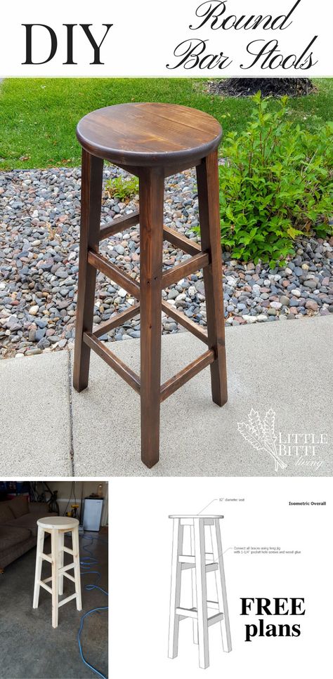 Build your own round top bar stools with this simp… Wooden Stools Diy, Build Your Own Bar, Diy Study Table, Stool Woodworking Plans, Furniture Blueprints, Diy Bar Stools, Diy Stool, Kursi Bar, Desk Plans