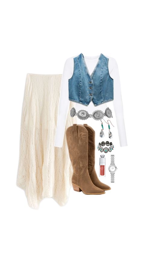 A stylish Western-boho flat lay featuring a lace cream maxi skirt, a denim vest over a white long-sleeve top, knee-high suede boots, silver and turquoise jewelry, a nude lip gloss, and a silver watch. This outfit blends rugged Western charm with bohemian flair. Boots Outfit Inspiration, Cream Maxi Skirt, Western Boots Outfit, Nude Lip Gloss, Turquoise Accents, White Long Sleeve Top, Western Chic, Suede Boots Knee High, Boho Accessories