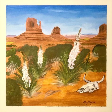 Monument Valley--flowering Yucca plants. Painted with acrylics on 9x9 canvas sheet. Yucca Plant Drawing, Yucca Painting, Yucca Plant Tattoo New Mexico, Desert Night Painting, Yucca Flower, Spineless Yucca, Grandma Moses, Yucca Plant, Paint Night