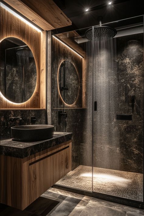 Upgrade your home with these modern bathroom ideas! Featuring sleek black fixtures and warm wood accents, this design brings elegance and sophistication to any space. Perfect for those looking to create a chic and relaxing bathroom retreat. #ModernBathroomIdeas #HomeDecor #LuxuryLiving Wood Black And Gold Bathroom, Bathroom Black And Wood Decor, Moody Wood Bathroom, Mansion Bathrooms Luxury Master Bath, Dark Black Bathroom, Black Master Bath Ideas, Dark Industrial Bathroom, Black Walls In Bathroom, Black Marble Shower Walls