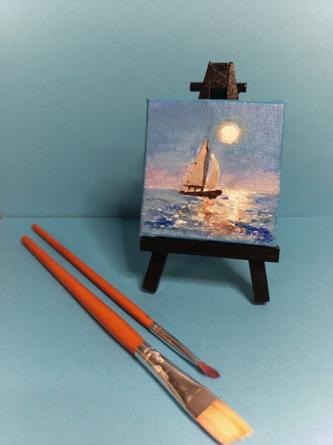 Acrylic Paint Small Canvas, Small Detailed Paintings, Small Paintings Acrylic, Mini Paintings Acrylic, Mini Canvas Art Beach, Sailing Boat Painting Acrylic, Mini Square Paintings, 3x3 Canvas Paintings, 3x3 Paintings